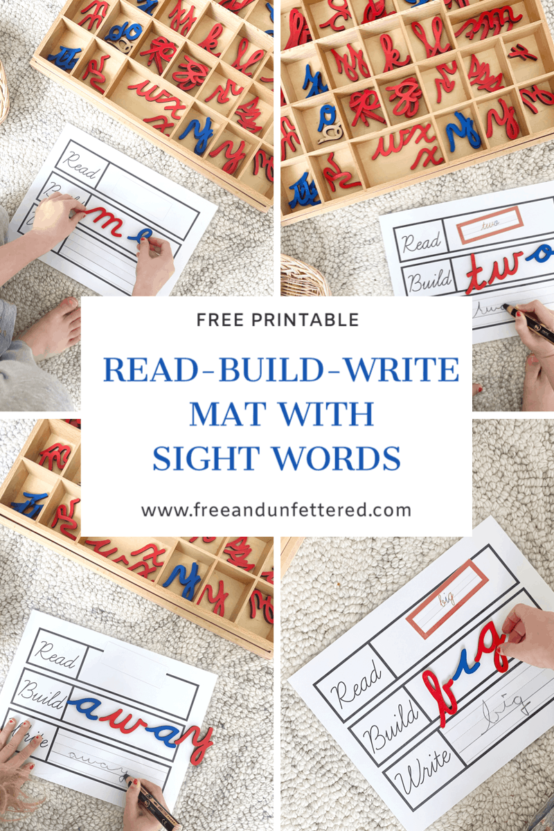 Do you have a kinesthetic learner who is beginning to read? Try using a 'Read-Build-Write' mat paired alongside a manipulative to capitalize on their kinesthetic memory! Visit www.freeandunfettered.com to download this free printable mat along with Dolch sight word labels available in both cursive and print. #ece #earlyliteracy #kindergarten #homeschooling #montessori #earlychildhoodeducation 