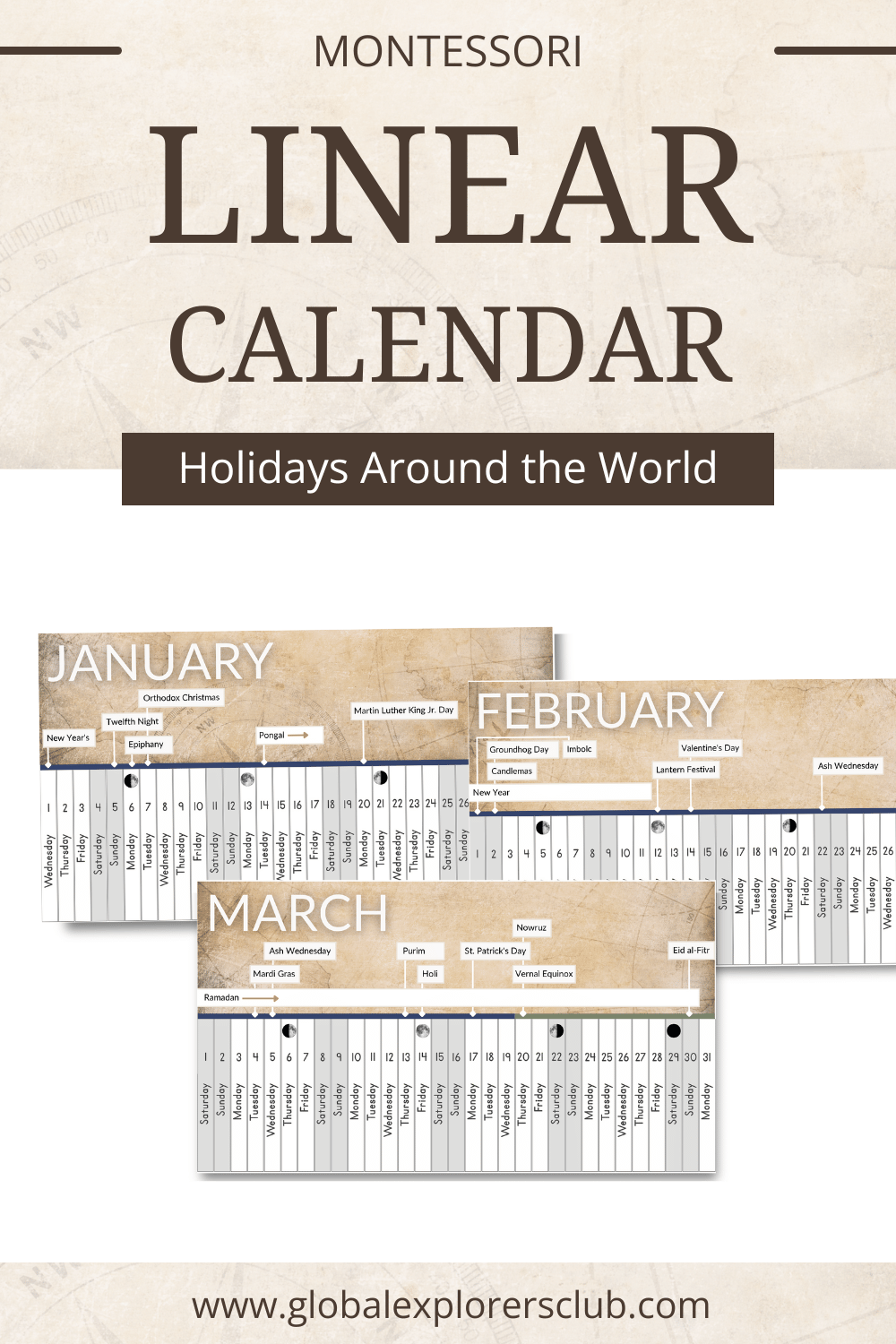 Free 2025 Montessori "Holidays Around the World" Linear Calendar by the Global Explorers Club